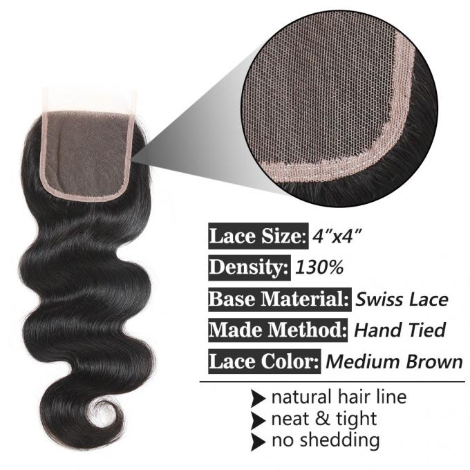 Fermeture suisse 8" de dentelle de vague brésilienne de corps à 20" matériel noir naturel de cheveux de Vierge de couleur